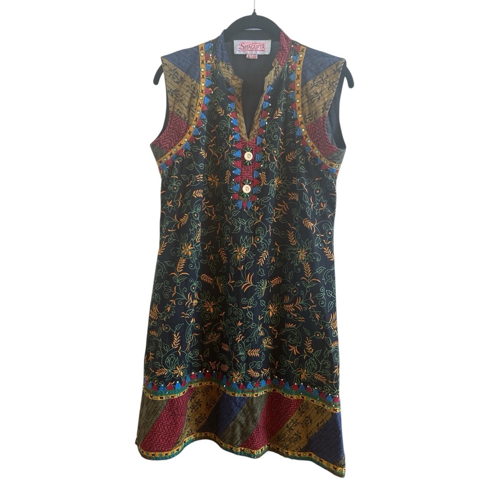 Shagufta Embroidered Black Extra‎ Large Sleeveless Tunic Dress South Asian Wear